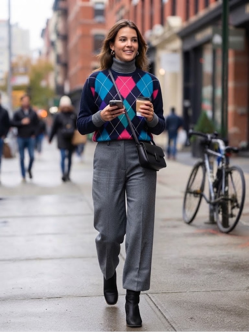 Gallery Navy Crewneck Sweater with Teal, Magenta, black and Purple Argyle